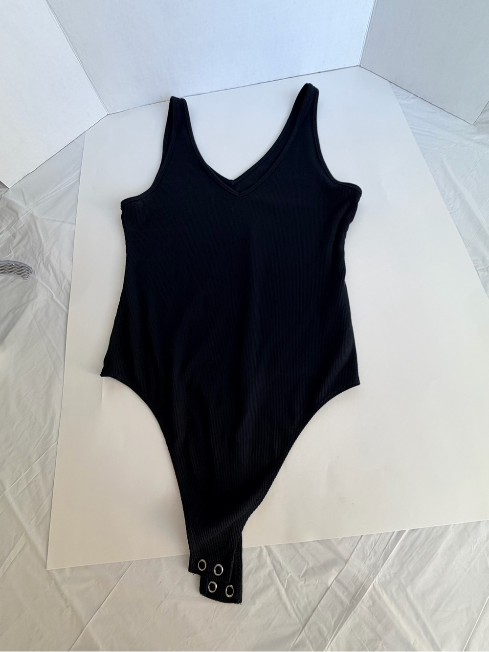 American Eagle Outfitters Black Ribbed V-Neck Bodysuit with Snap Crotch